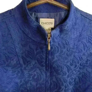 Chicos Blazer Jacket Full Zip Small Damask Jacquard Pockets Career Work Office